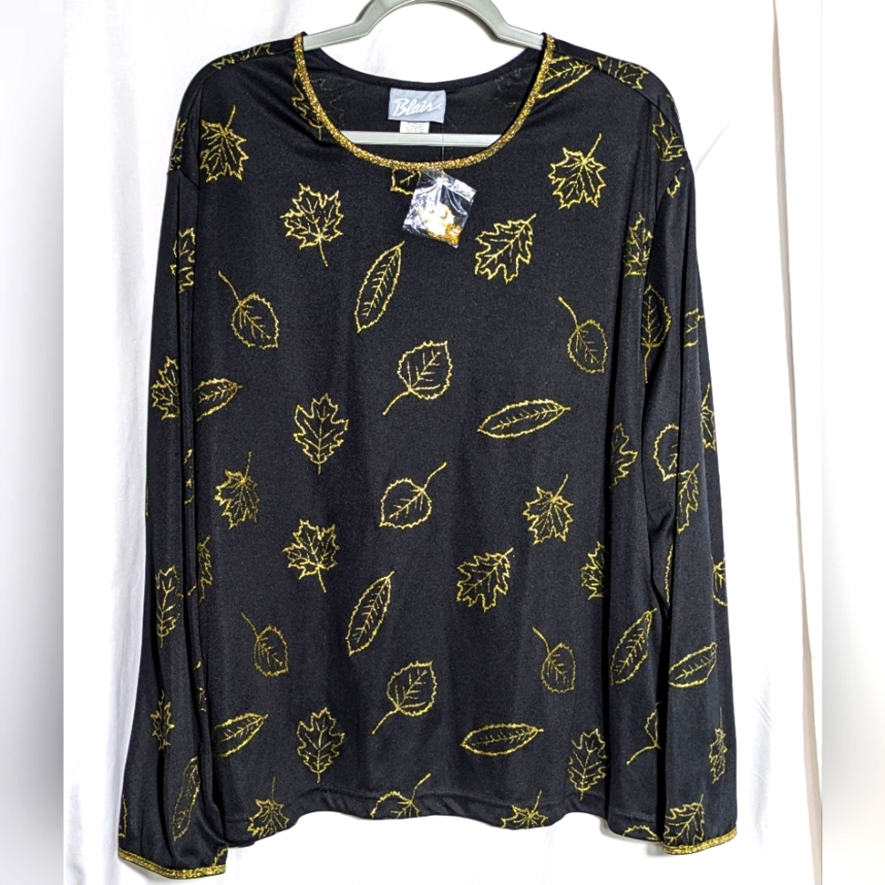 Vintage Blair Black & Gold Glitter Leaf Design Long Sleeve Blouse | size 3X